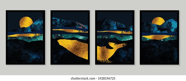 Luxury gold wallpaper.  Black and golden background. Mountain wall art design with dark blue and green color, shiny golden light texture. Modern art mural wallpaper. Vector illustration.