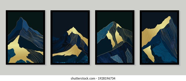 Luxury gold wallpaper.  Black and golden background. Mountain wall art design with dark blue and green color, shiny golden light texture. Modern art mural wallpaper. Vector illustration.