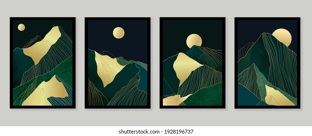 Papel de oro de lujo.  Fondo negro y dorado. Diseño de arte de pared de montaña de color azul oscuro y verde, brillante textura dorada. Papel mural de arte moderno. Ilustración vectorial.