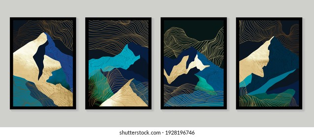 Luxury gold wallpaper.  Black and golden background. Mountain wall art design with dark blue and green color, shiny golden light texture. Modern art mural wallpaper. Vector illustration.