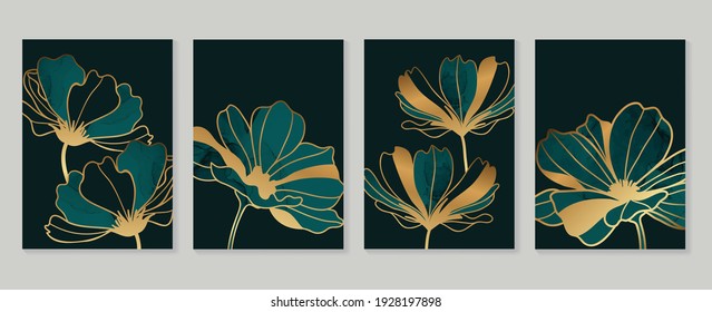 Luxury gold wallpaper.  Black and golden background. flower wall art design with dark blue and green color, shiny golden light texture. Modern art mural wallpaper. Vector illustration.