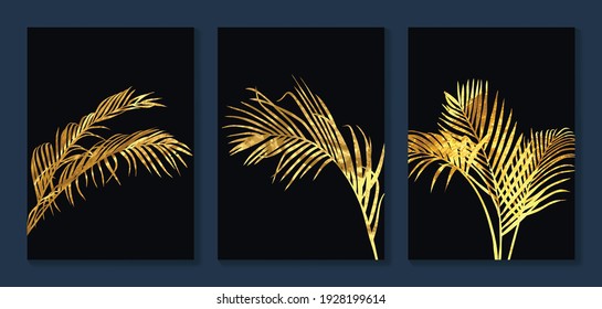 Luxury gold wallpaper.  Black and golden background. Tropical leaves wall art design with dark blue and green color, shiny golden light texture. Modern art mural wallpaper. Vector illustration.