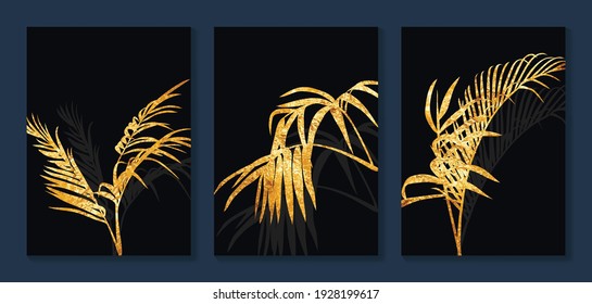 Luxury gold wallpaper.  Black and golden background. Tropical leaves wall art design with dark blue and green color, shiny golden light texture. Modern art mural wallpaper. Vector illustration.