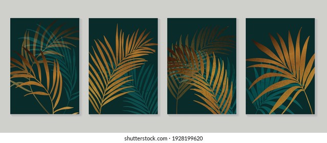 Luxury gold wallpaper.  Black and golden background. Tropical leaves wall art design with dark blue and green color, shiny golden light texture. Modern art mural wallpaper. Vector illustration.