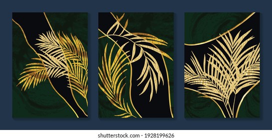 Luxury gold wallpaper.  Black and golden background. Tropical leaves wall art design with dark blue and green color, shiny golden light texture. Modern art mural wallpaper. Vector illustration.