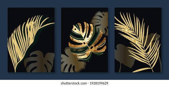 Luxury gold wallpaper.  Black and golden background. Tropical leaves wall art design with dark blue and green color, shiny golden light texture. Modern art mural wallpaper. Vector illustration.