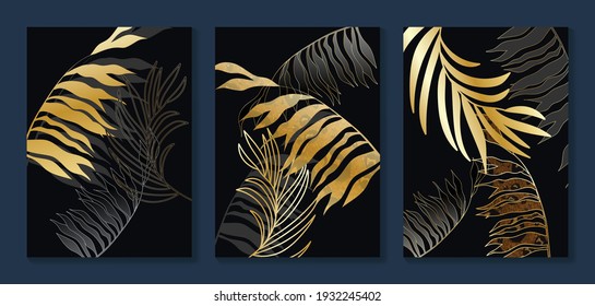 Luxury gold wallpaper.  Black and golden abstract background. Tropical leaves wall art design with dark blue and green color, shiny golden light texture. Modern art mural wallpaper.