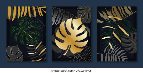 Luxury gold wallpaper.  Black and golden abstract background. Tropical leaves wall art design with dark blue and green color, shiny golden light texture. Modern art mural wallpaper.