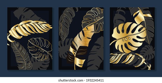 Luxury gold wallpaper.  Black and golden abstract background. Tropical leaves wall art design with dark blue and green color, shiny golden light texture. Modern art mural wallpaper.
