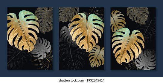 Luxury gold wallpaper.  Black and golden abstract background. Tropical leaves wall art design with dark blue and green color, shiny golden light texture. Modern art mural wallpaper.