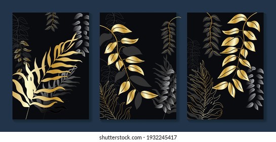 Luxury gold wallpaper.  Black and golden abstract background. Tropical leaves wall art design with dark blue and green color, shiny golden light texture. Modern art mural wallpaper.