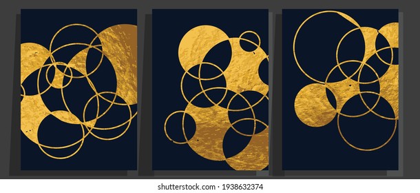 Luxury gold wallpaper.  Black and golden background. Grunge wall art design with golden line art and abstract circle shapes. Modern art mural wallpaper. Vector illustration.