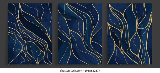 Luxury gold wallpaper.  Black and golden background. Grunge wall art design with golden line art abstract floral shapes. Modern art mural wallpaper. Vector illustration.