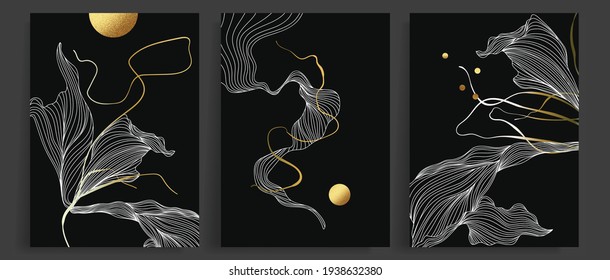 Luxury Gold Wallpaper.  Black And Golden Background. Grunge Wall Art Design With Golden Line Art Abstract Floralshape. Modern Art Mural Wallpaper. Vector Illustration.