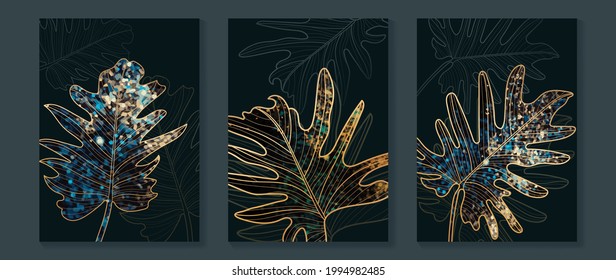 Luxury gold wallpaper.  Black and golden abstract background. Tropical leaves wall art design with dark blue and green color, shiny golden light texture. Modern art mural wallpaper.