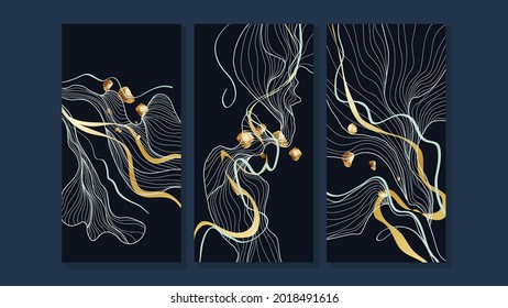 Luxury gold wallpaper.  Black and golden background. Grunge wall art design with golden line art abstract wave. Modern art mural wallpaper. Vector illustration.