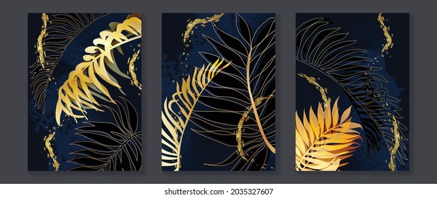 Luxury gold wallpaper.  Black and golden abstract background. Tropical leaves wall art design with dark blue and green color, shiny golden light texture. Modern art mural wallpaper.