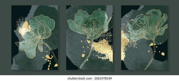 Luxury gold wallpaper.  Black and golden background. floral wall art design with dark blue and green color, shiny golden light texture. Modern art mural wallpaper. Vector illustration.