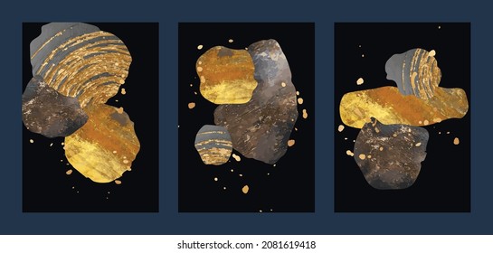 Luxury gold wallpaper.  Black and golden background. Grunge wall art design with golden line art and abstract shape. Modern art mural wallpaper. Vector illustration.