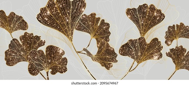 Luxury gold wallpaper.  Black and golden background. gold Ginkgo Biloba Leaf , shiny golden light texture. Modern art mural wallpaper. Vector illustration.