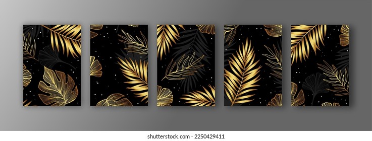 Luxury gold wallpaper.  Black and golden background. Tropical leaves wall art design with dark  color. Modern art. Vector illustration.