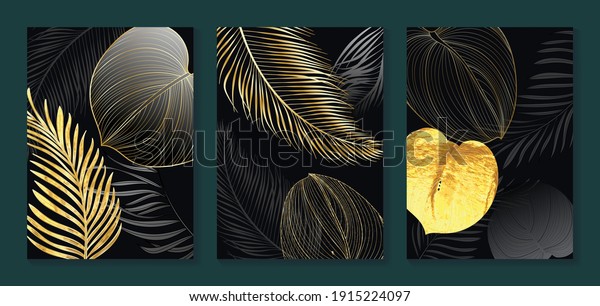 Luxury gold\
wallpaper.  Black and golden abstract background. Tropical leaves\
wall art design with dark blue and green color, shiny golden light\
texture. Modern art mural\
wallpaper.