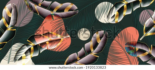 Luxury gold wallpaper. Black and golden background. Tropical leaves wall art design with dark blue and green color, shiny golden light texture. Modern art mural wallpaper. Vector illustration.