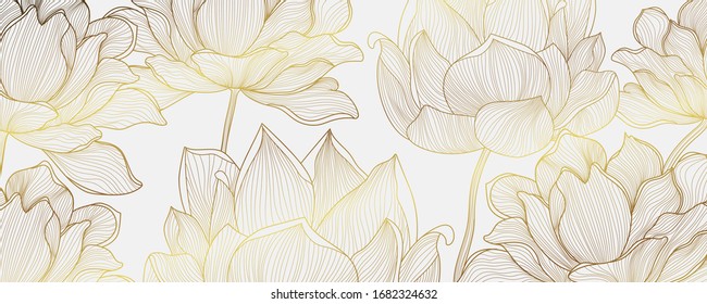 Luxury Gold wallpaper design with Golden lotus and natural background. Lotus line arts design for fabric, prints and background texture, Vector illustration.