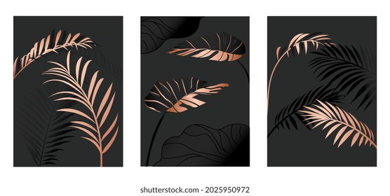 Luxury gold wallpaper. Tropical fern leaves with metallic texture and dark silhouettes of plants. Collection of abstract posters for wall decoration. Modern gradient vector set on white background