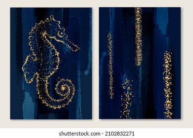 Luxury gold wallpaper. Watercolor black, dark blue and golden background. Exotic wall art design with sea horse and shiny golden dotted texture. Modern mural wallpaper. Vector illustration.