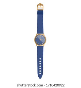 Luxury Gold Watch Isolated on White. Classic Design Watch. Wristwatch with Dark Blue Strap, Golden Buckle & Blue Display. Illustration.