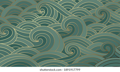 Luxury gold wave background vector. Traditional oriental pattern with ocean waves. Japanese background with gold foil texture. Hand drawn vector illustration.