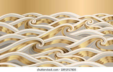 Luxury gold wave background vector. Traditional oriental pattern with ocean waves. Japanese background with gold foil texture. Hand drawn vector illustration.