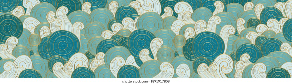 Luxury gold wave background vector. Traditional oriental pattern with ocean waves. Japanese background with gold foil texture. Hand drawn vector illustration.