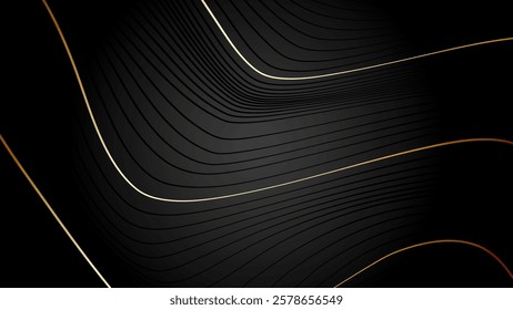 Luxury gold wavy shapes with  black background with lighting effect copy space for text. Luxury design style. Template premium award design.