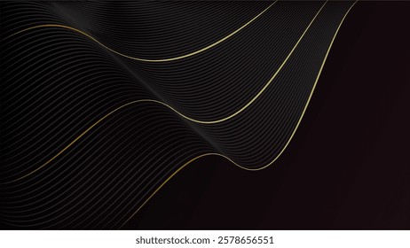 Luxury gold wavy shapes with a shining effect on a black background with lighting effect copy space for text. Luxury design style. Template premium award design.