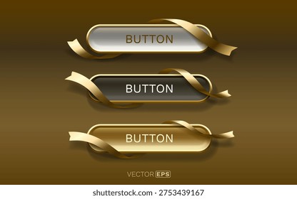 Botones de Web dorado de lujo con diseño de cinta elegante. Perfecto para la interfaz de usuario moderna, Anuncios, promoción o CTA. Ilustración vectorial.