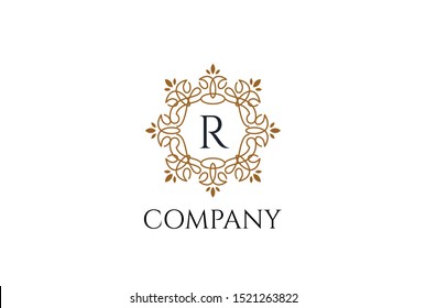 Luxury gold and white logo design template vector illustration for Restaurant, Royalty, Boutique, Cafe, Hotel, Heraldic, Jewelry and Fashion. Ornament shapes for logotype or badge design.