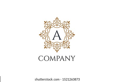 Luxury gold and white logo design template vector illustration for Restaurant, Royalty, Boutique, Cafe, Hotel, Heraldic, Jewelry and Fashion. Ornament shapes for logotype or badge design.