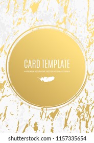 Luxury gold, white, marble abstract background, card, invitation with white feather and premium design. Wedding, birthday, summer, bright pattern template, geometric frame with brush contour