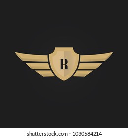 Luxury Gold Wing Initial Logo Letter R Shield Icon