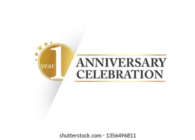 Luxury Golden 1 year anniversary, minimalist logo.  jubilee, greeting card. Birthday invitation. Gold space vector illustration on white background - Vector
