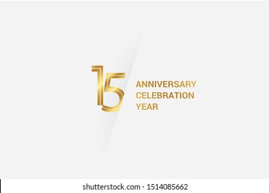 Luxury Golden 15 anniversary, minimalist logo. 15th jubilee, greeting card. Birthday invitation. 15 year sign. Gold space vector illustration on white grey - Vector