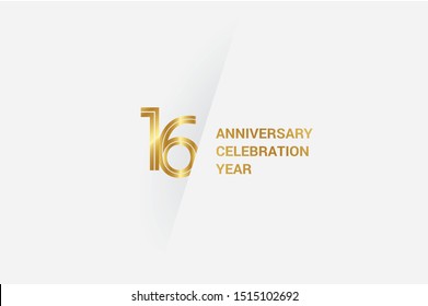 Luxury Golden 16 anniversary, minimalist logo. 16th jubilee, greeting card. Birthday invitation. 16 year sign. Gold space vector illustration on white grey - Vector