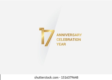 Luxury Golden 17 anniversary, minimalist logo. 17th jubilee, greeting card. Birthday invitation. 17 year sign. Gold space vector illustration on white grey - Vector