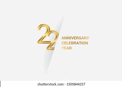 Luxury Golden 22 anniversary, minimalist logo. 22th jubilee, greeting card. Birthday invitation. 22 year sign. Gold space vector illustration on white grey - Vector