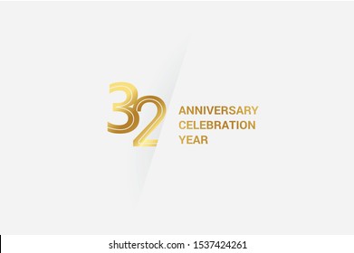 Luxury Golden 32 anniversary, minimalist logo. jubilee, greeting card. Birthday invitation. 32 year sign. Gold space vector illustration on white grey - Vector