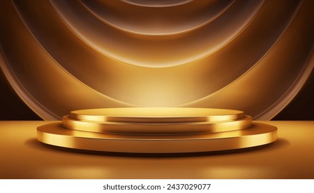 Luxury golden 3d podium pedestal curved curtains abstract waves wall background realistic vector illustration. Premium glossy light metallic round promo stand showroom expensive product presentation