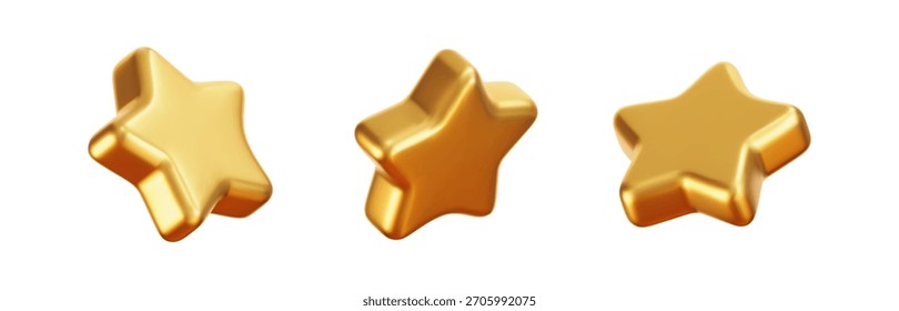 Conjunto de Vector de estrella dorada de lujo 3D con textura de metal brillante. Render aislado estrella de oro para la revisión, premio, Comentarios, decoración, insignia de calidad, regalo premium, trofeo, diseño de logros. Icono realista