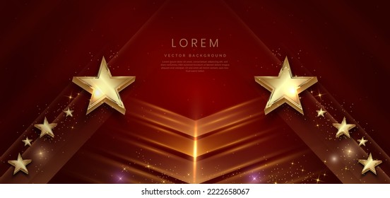 Lujosas estrellas doradas en 3d sobre fondo rojo con efecto de iluminación y brillo. Diseño de premio de plantilla premium. Ilustración del vector
